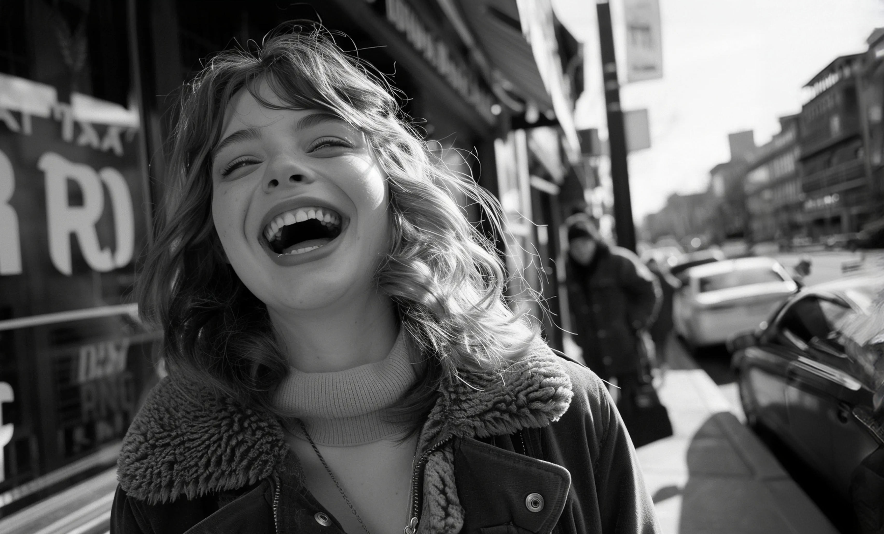 Woman laughing while walking on street with white teeth